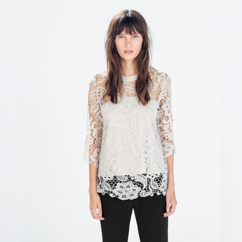 Zara Cream Crochet Flare Sleeves Beautiful Blouse Top Size M